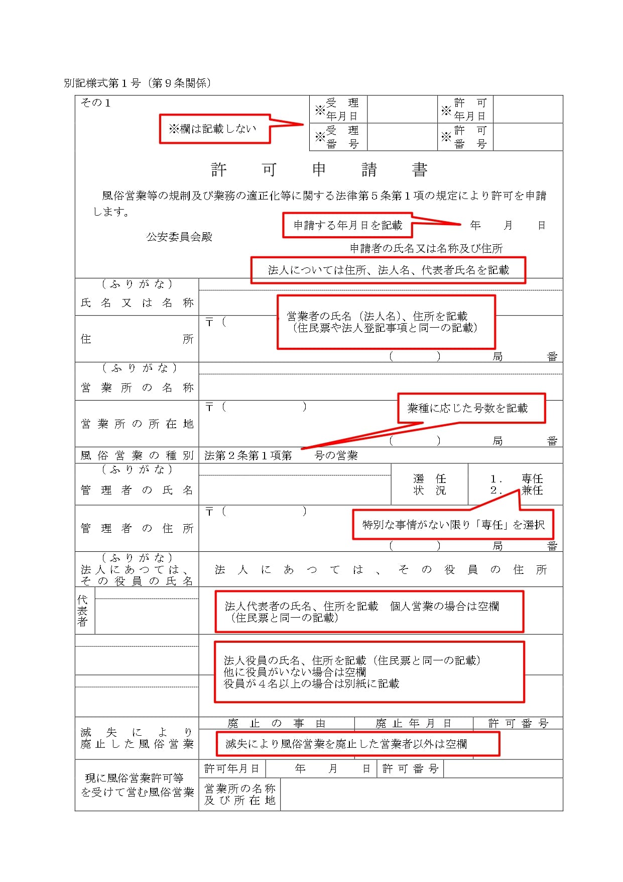 風俗営業許可の記載例