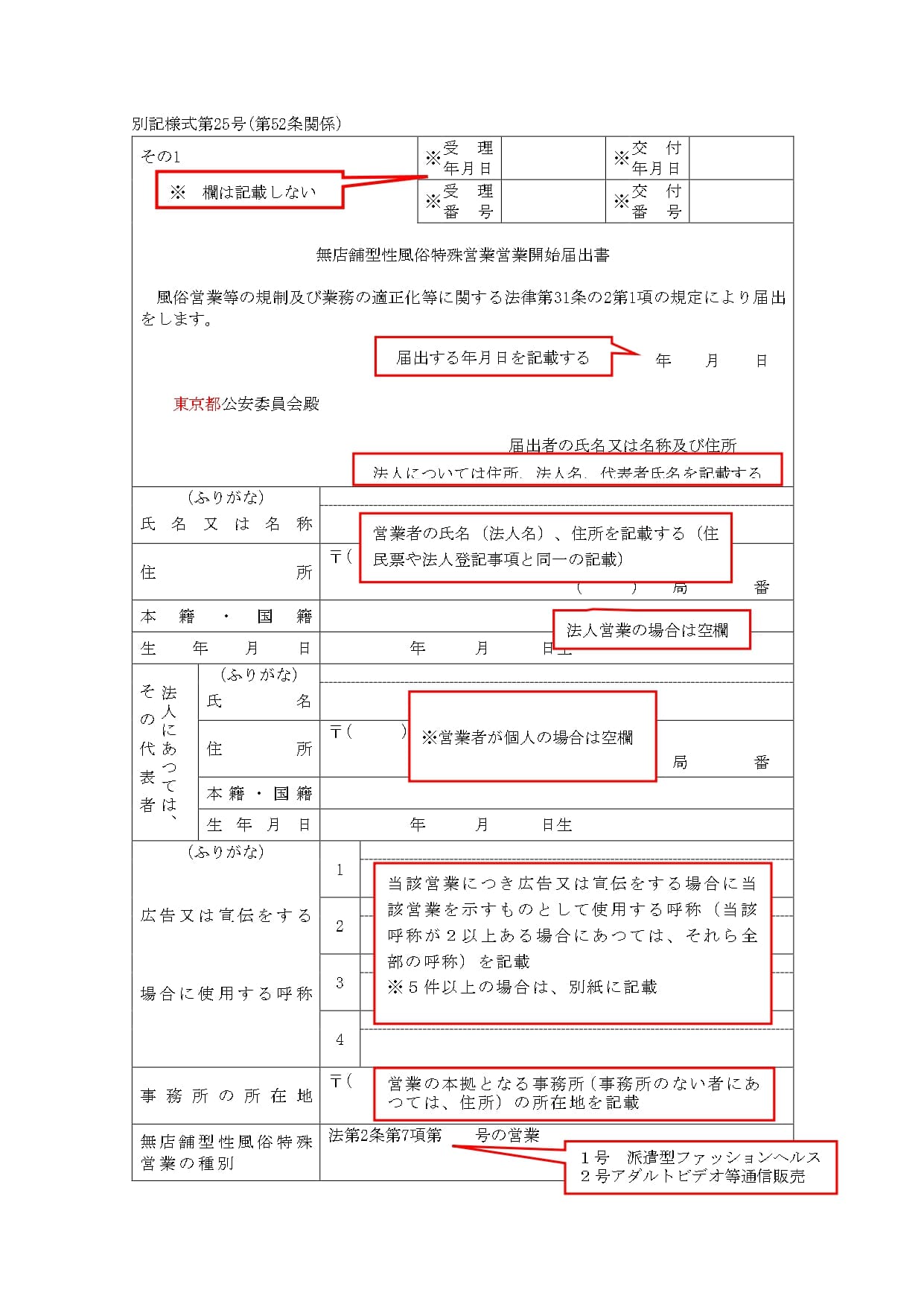 無店舗型性風俗特殊営業営業開始届出書の記載例